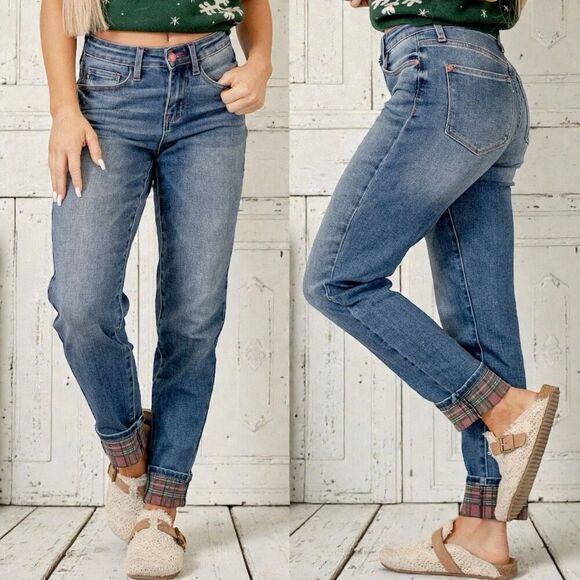 Judy Blue Denim - Judy Blue Buffalo Plaid Cuff Straight Leg Jeans Mid Rise Size 13/31 NWT
